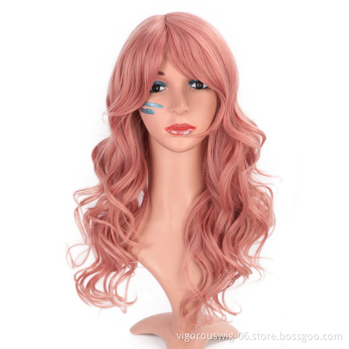 24 Inches Long Wave Hair Extension Wigs Pink Heat Resistant Full Cheap Woman Synthetic Hair Wig With Bangs No Lace Cosplay Use